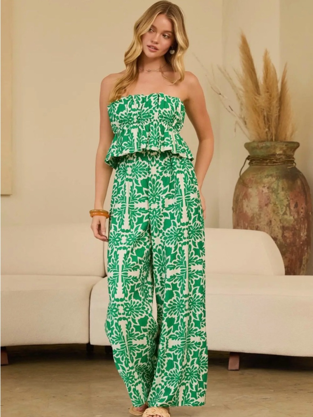 Skies Are Blue Boutique Green Floral Strapless Wide-Leg Jumpsuit